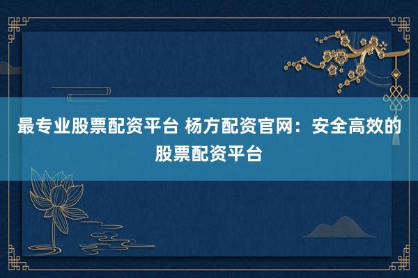最专业股票配资平台 杨方配资官网：安全高效的股票配资平台